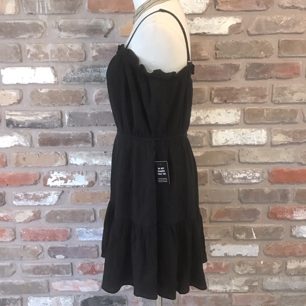 EXPRESS Black Crinkle Gauze Cinched Waist Tiered Cami Dress M NEW - Picture 3 of 7